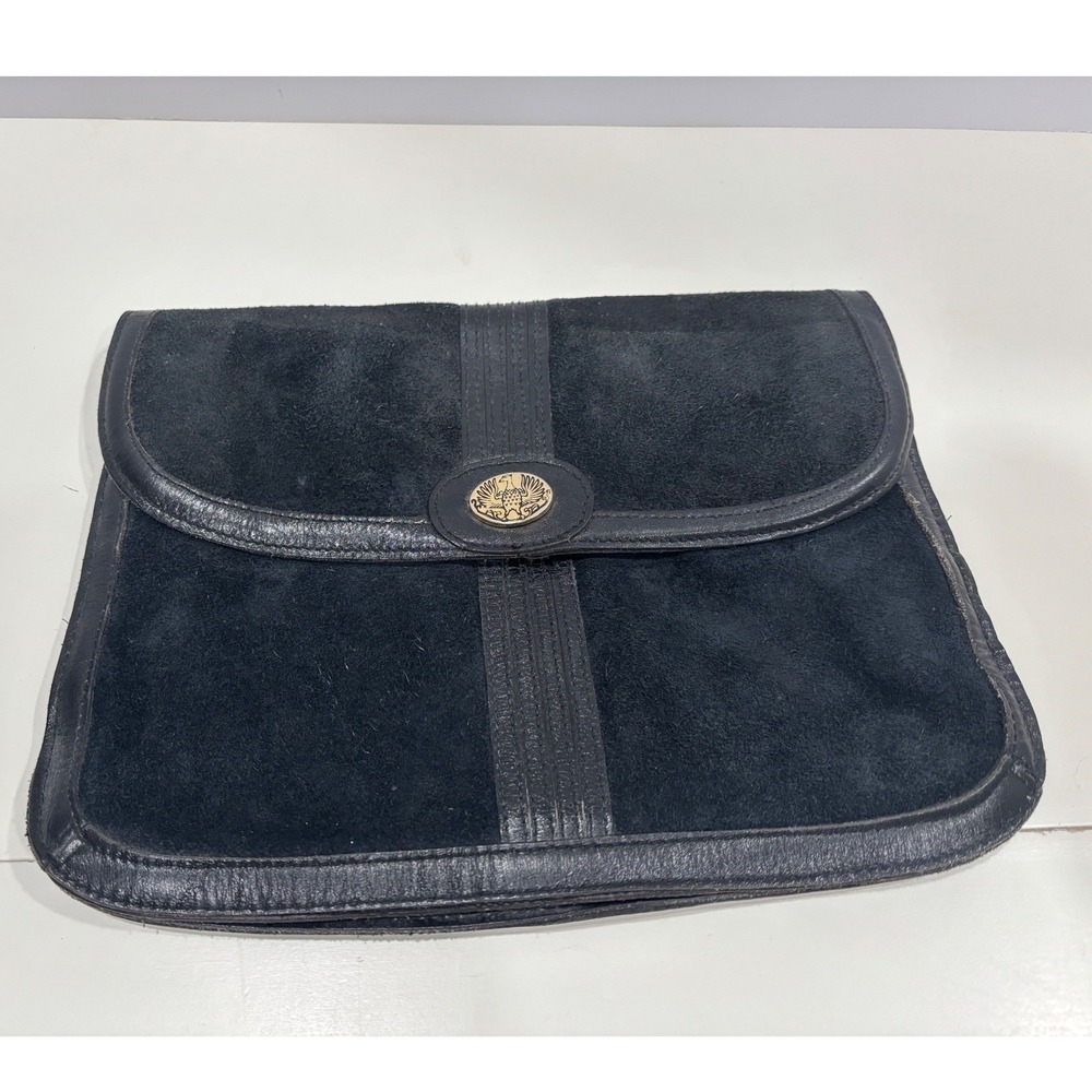 Vintage Black Suede Leather Clutch Bag Gold Eagle Crest Envelope Made Hong Kong